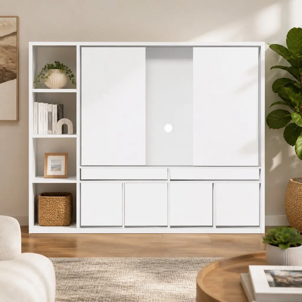 TV Unit White 183cm Open Shelves Storage Unit for Living Room