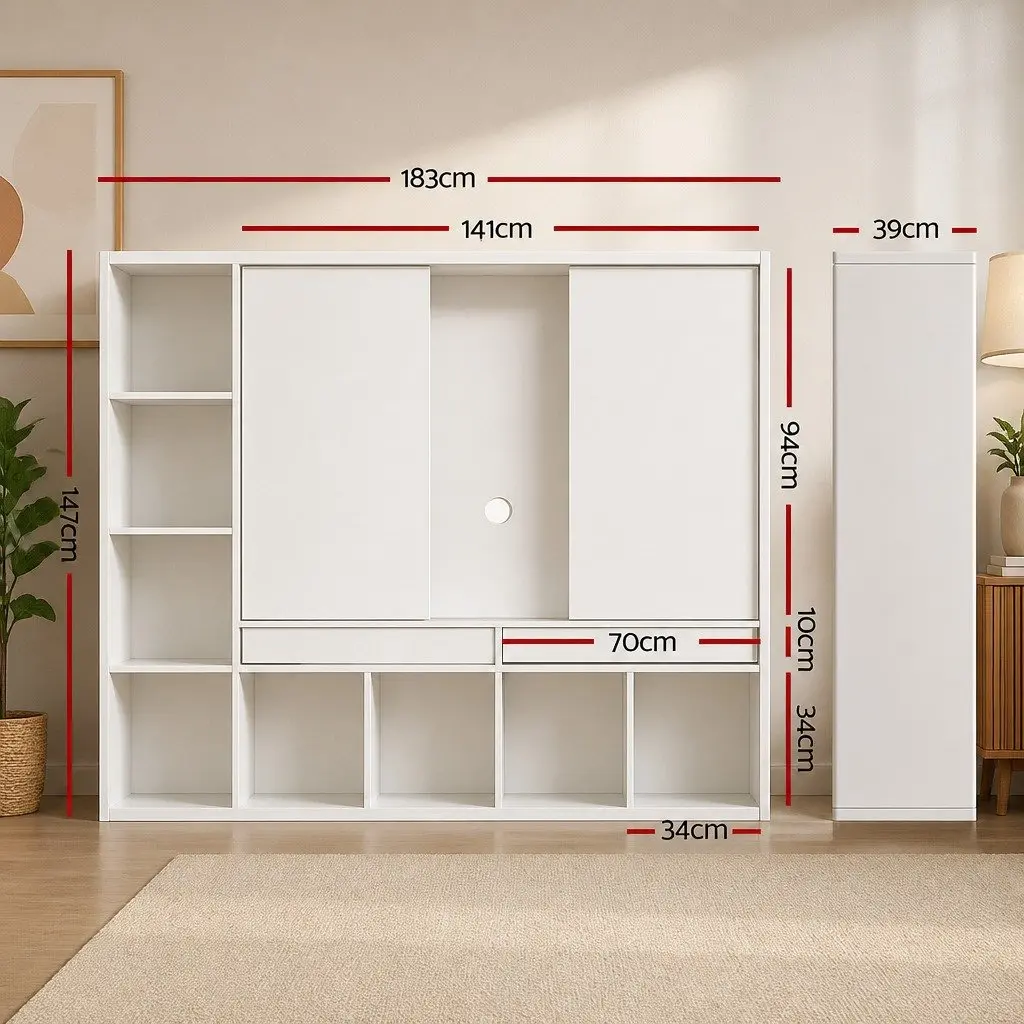 TV Unit White 183cm Open Shelves Storage Unit for Living Room
