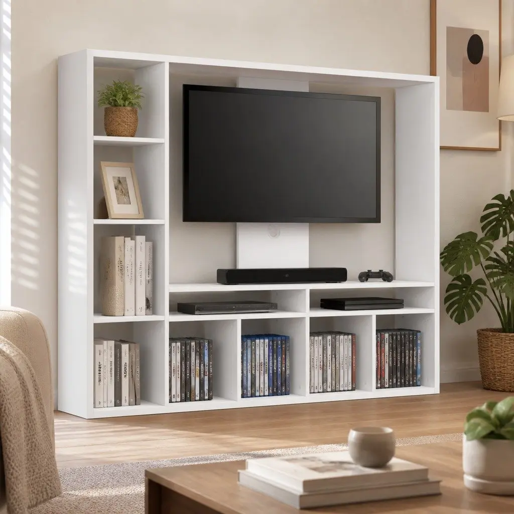 TV Unit White 183cm Open Shelves Storage Unit for Living Room