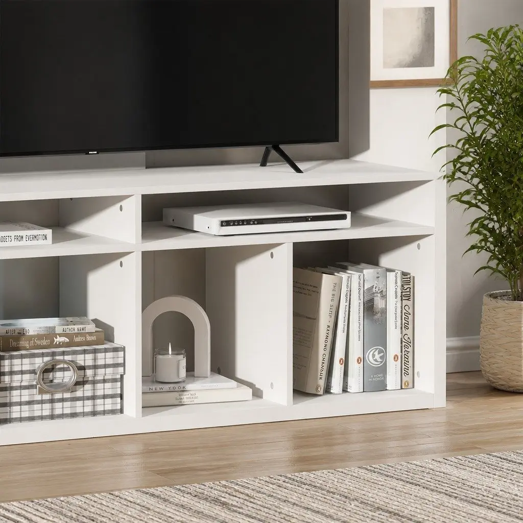 TV Unit White 183cm Open Shelves Storage Unit for Living Room