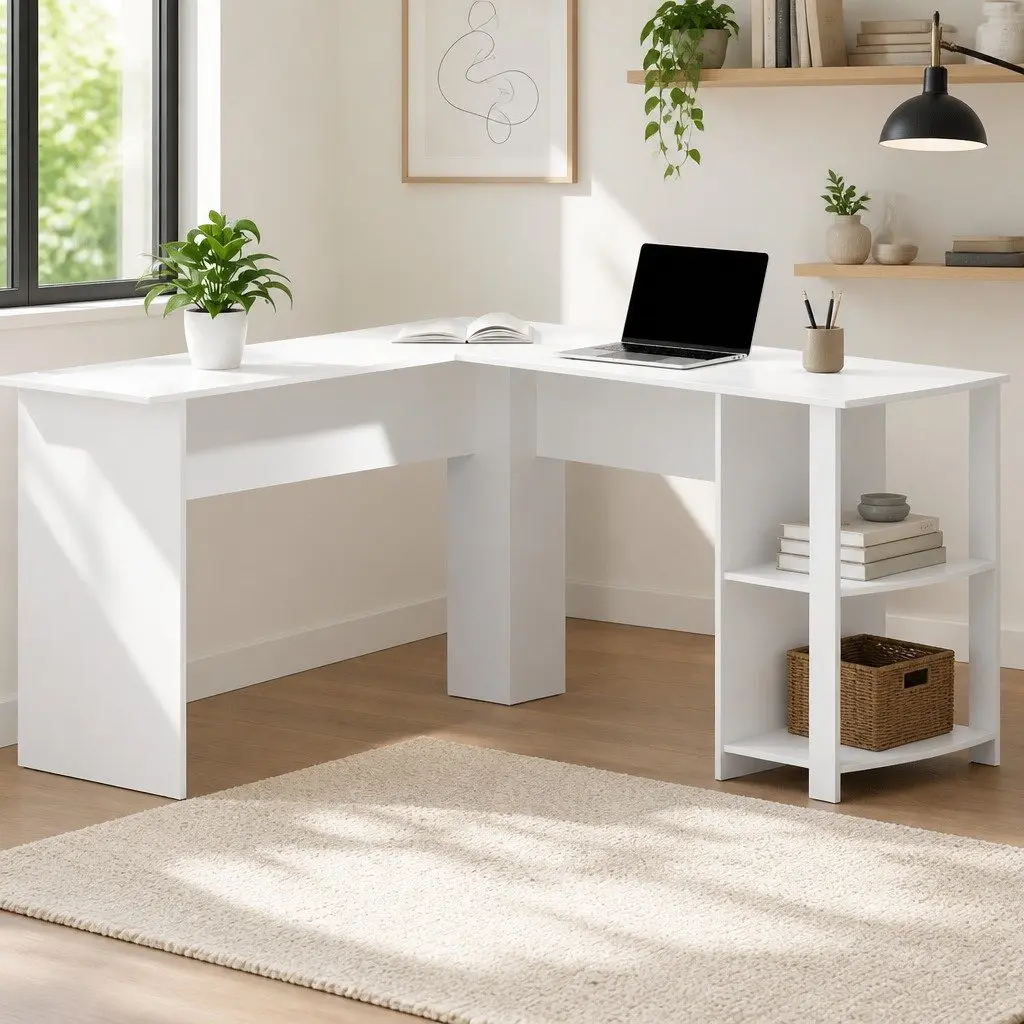 L-Shape Computer Desk White 136cm Open Shelves Cable Management