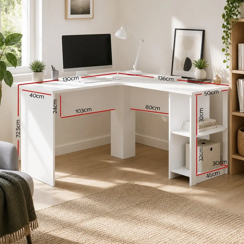 L-Shape Computer Desk White 136cm Open Shelves Cable Management