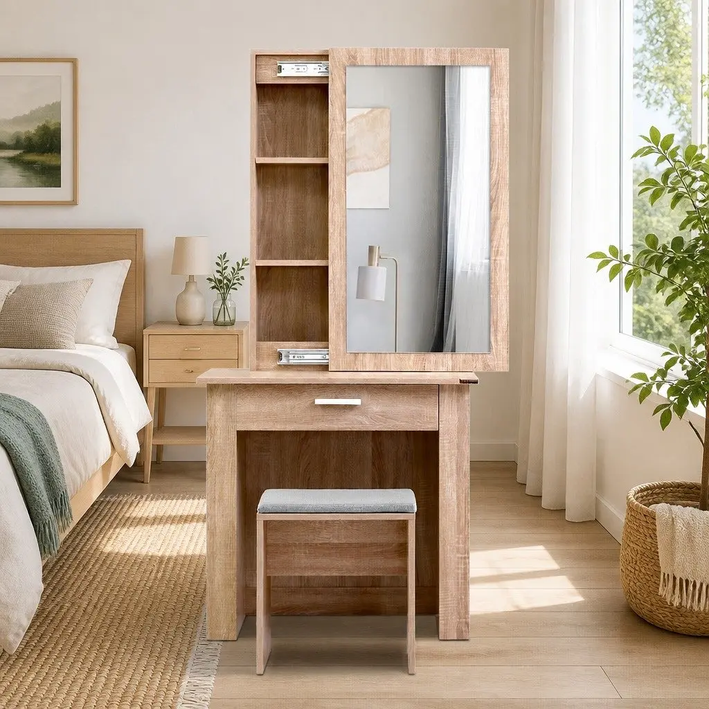 Dressing Table Set Wood Large Sliding Mirror Hidden Storage Padded Stool