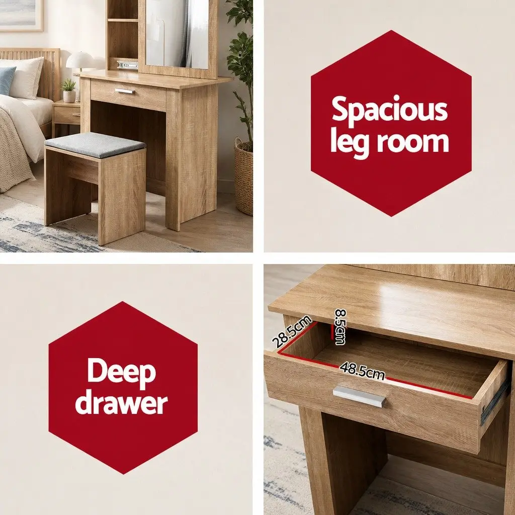 Dressing Table Set Wood Large Sliding Mirror Hidden Storage Padded Stool