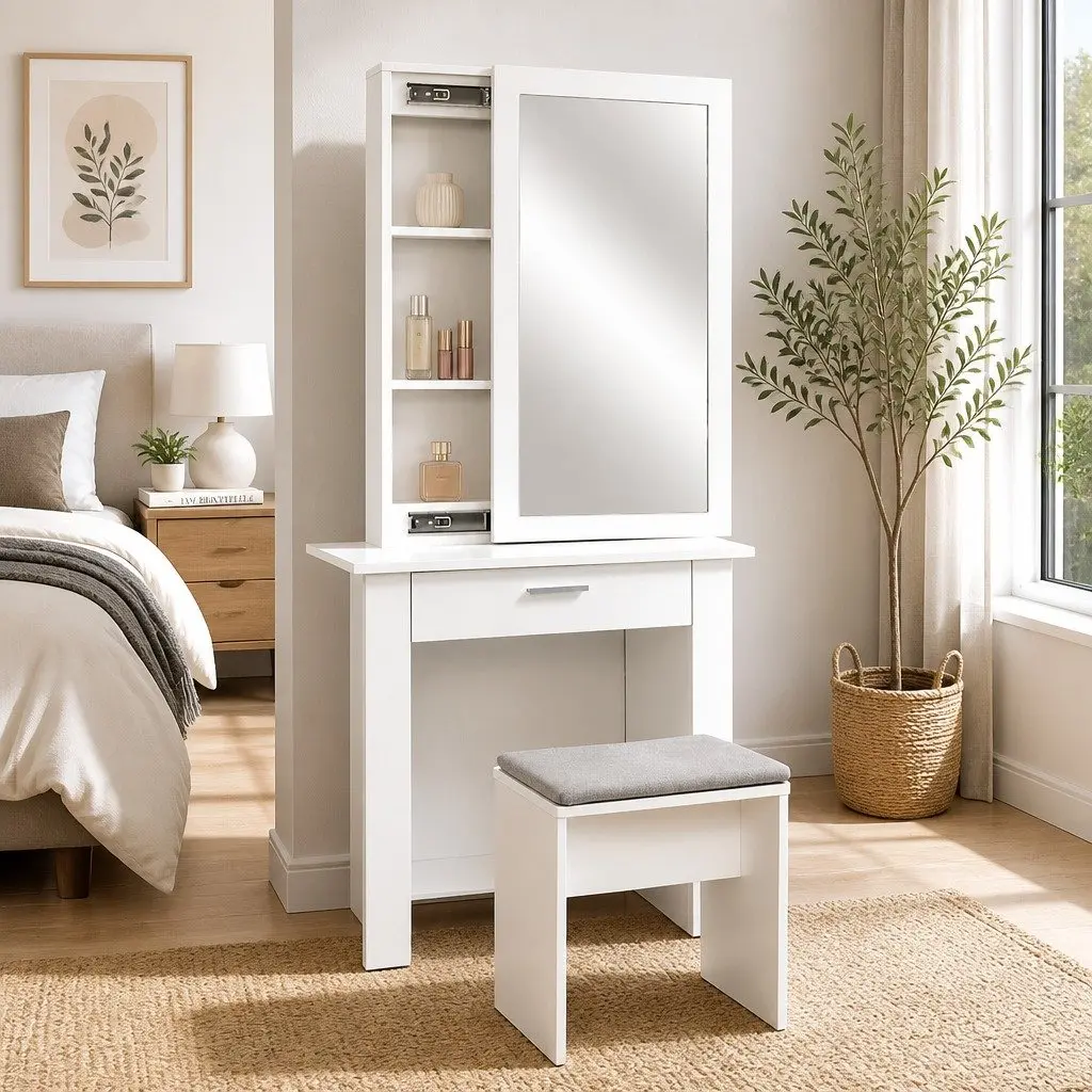 Dressing Table Stool Set Sliding Mirror White Bedroom Vanity Storage Drawer
