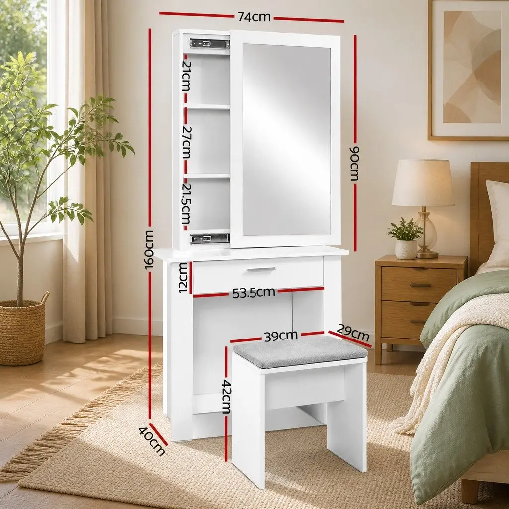 Dressing Table Stool Set Sliding Mirror White Bedroom Vanity Storage Drawer