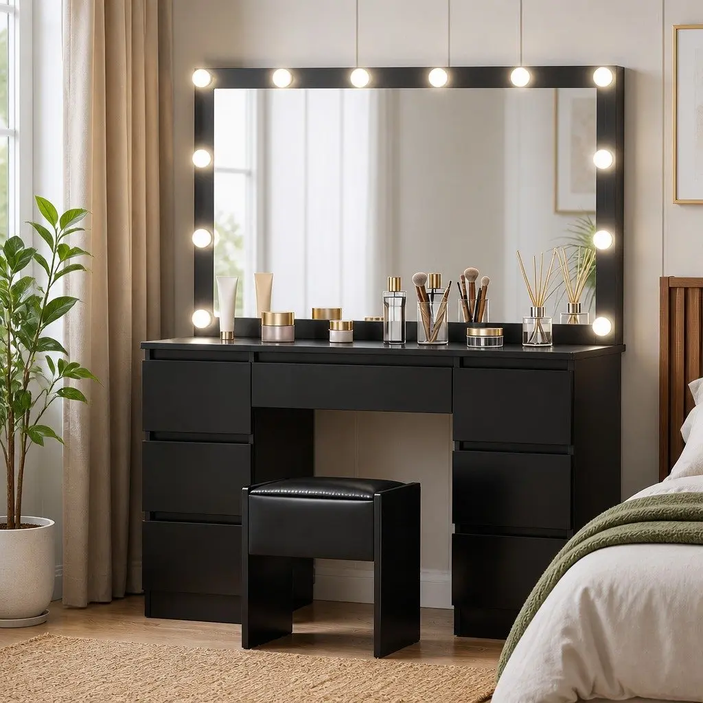 Dressing Table Vanity Desk Set with LED Bulbs Mirror Stool Black Bedroom