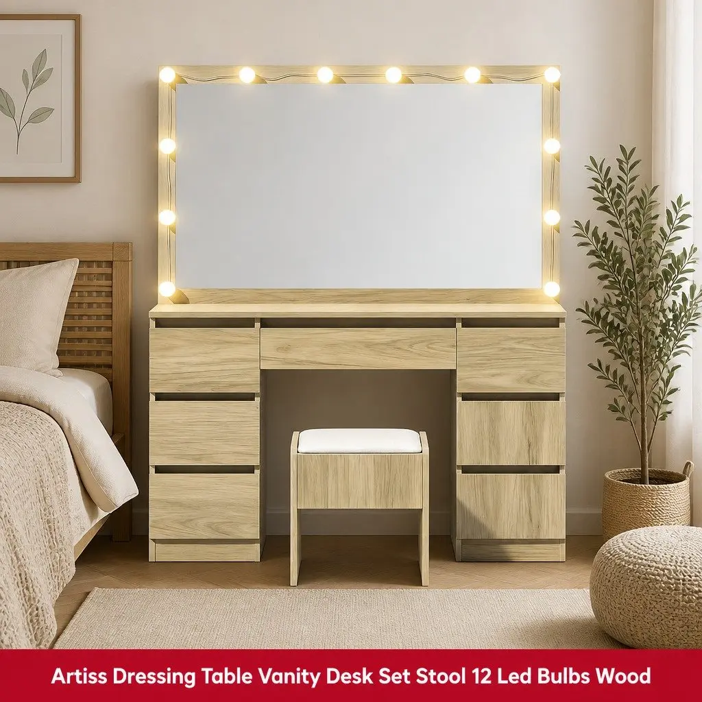 Dressing Table Vanity Desk Set with Stool 12 LED Bulbs 3 Colour Lights Mirror