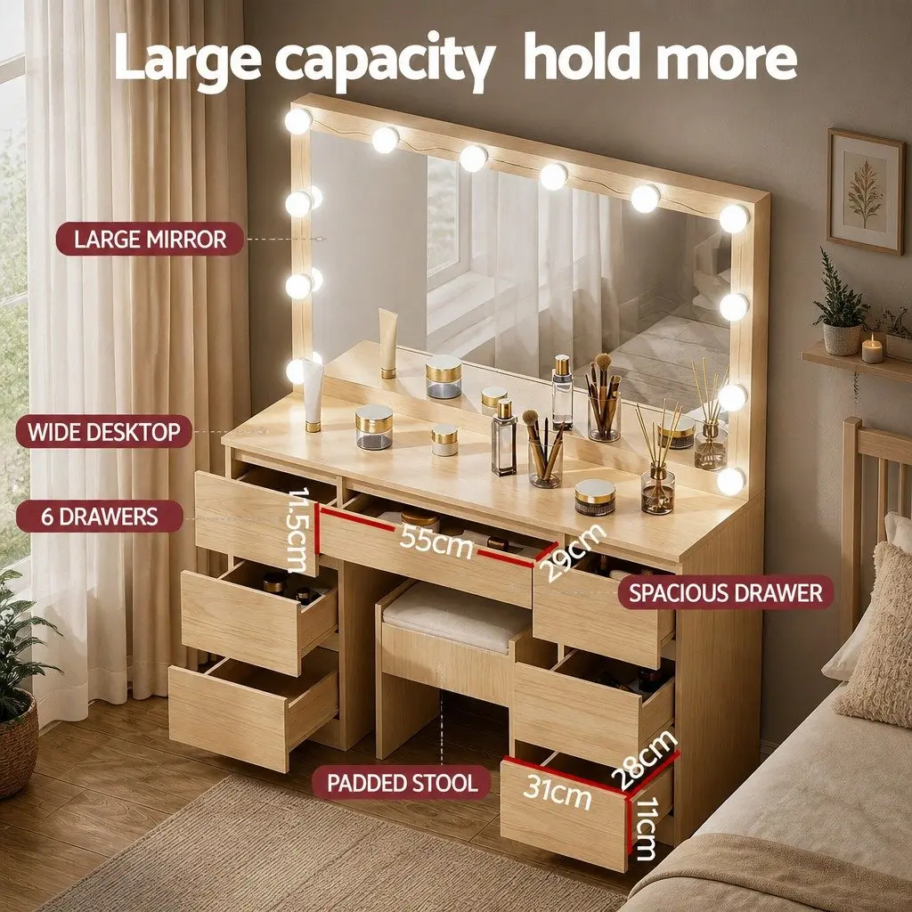 Dressing Table Vanity Desk Set with Stool 12 LED Bulbs 3 Colour Lights Mirror