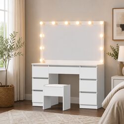 Concise White Dressing Table Set with LED Lighting