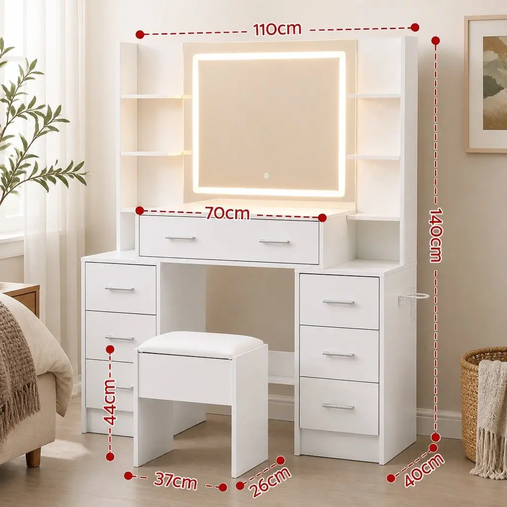 Dressing Table Vanity Desk Set White with LED Mirror Charging Station and Stool
