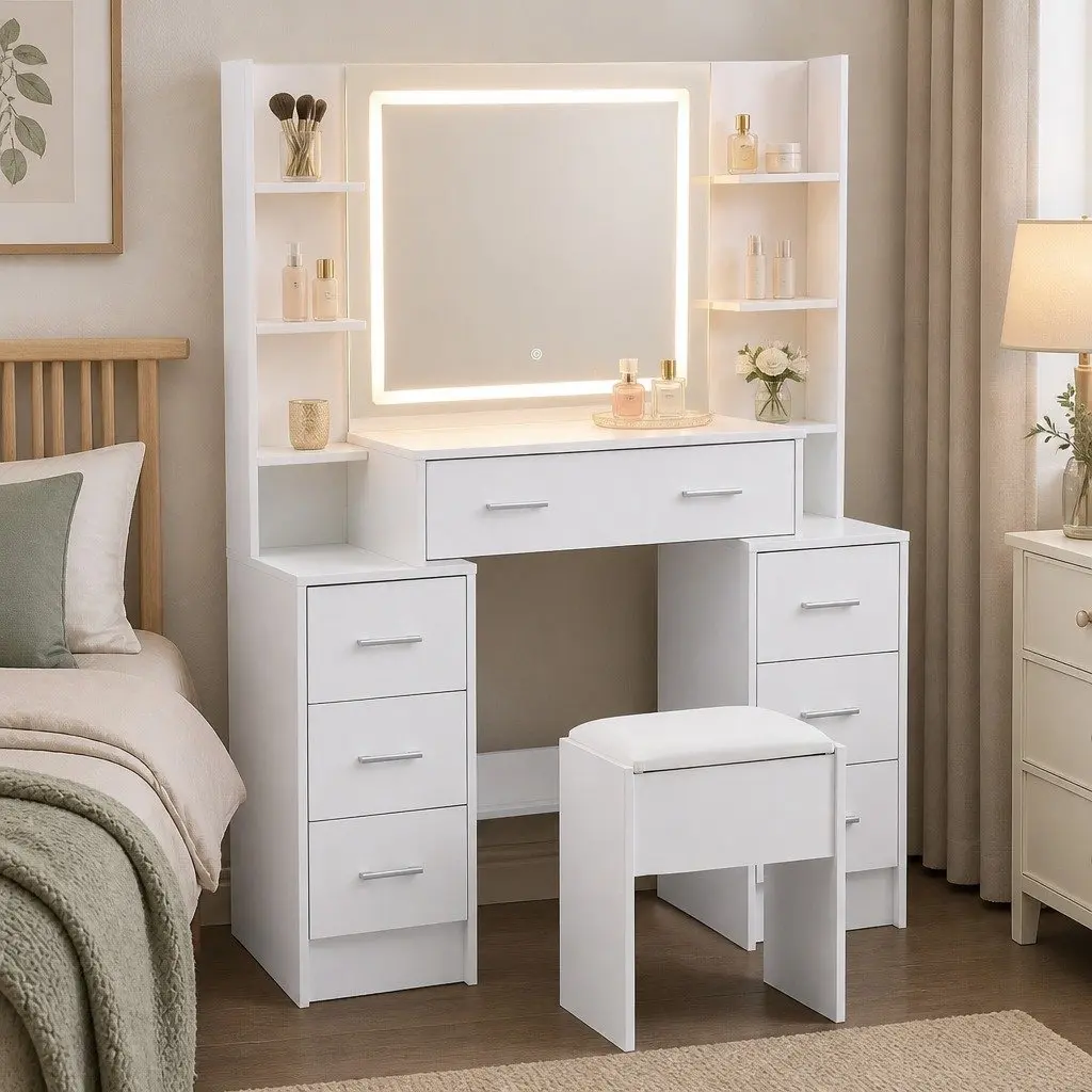 Dressing Table Vanity Desk Set White with LED Mirror Charging Station and Stool