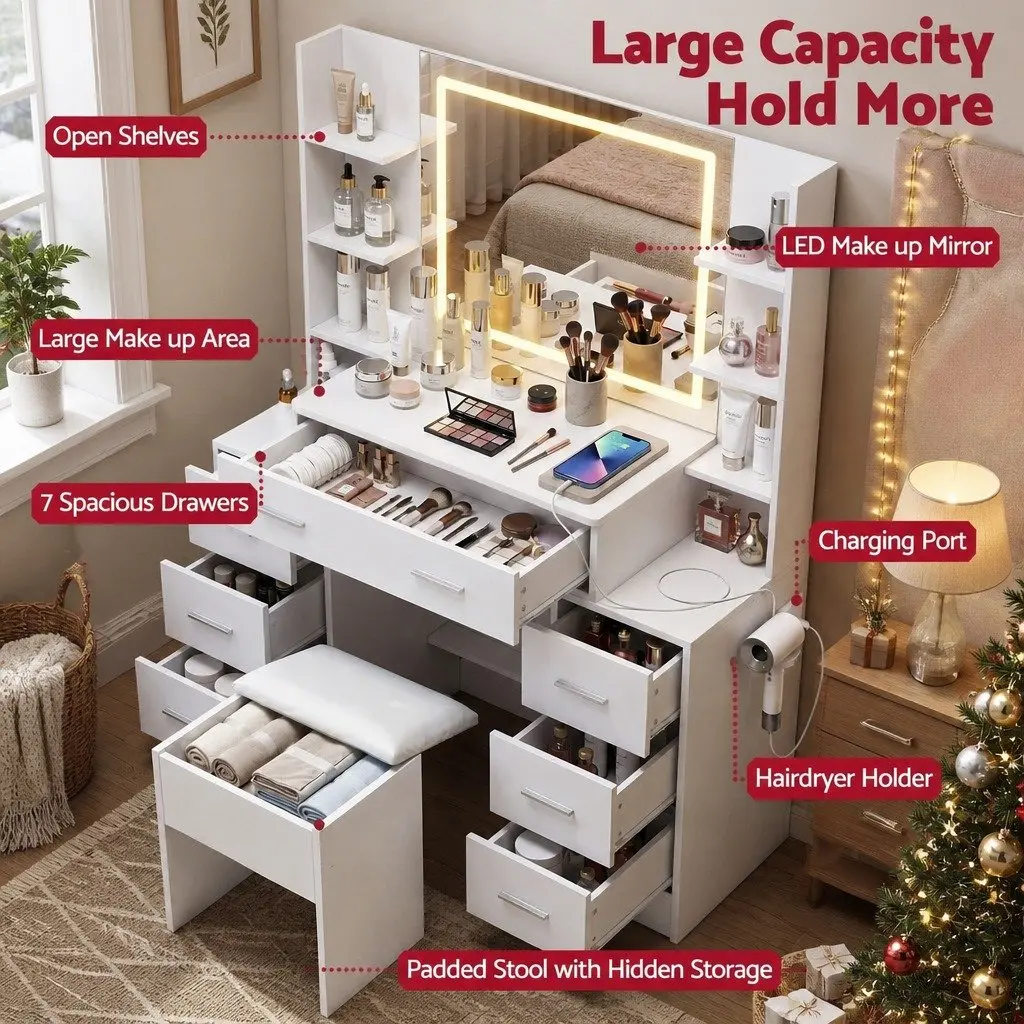 Dressing Table Vanity Desk Set White with LED Mirror Charging Station and Stool