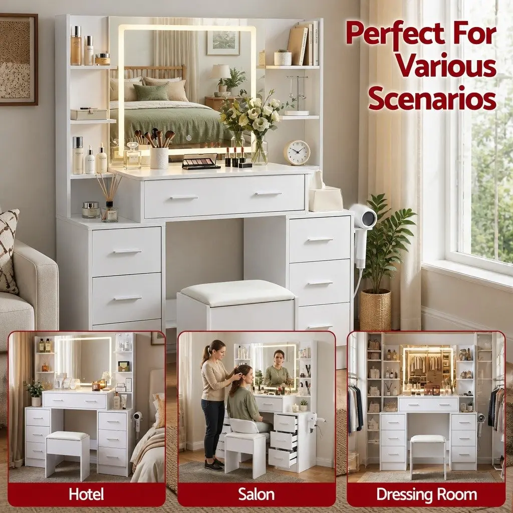 Dressing Table Vanity Desk Set White with LED Mirror Charging Station and Stool
