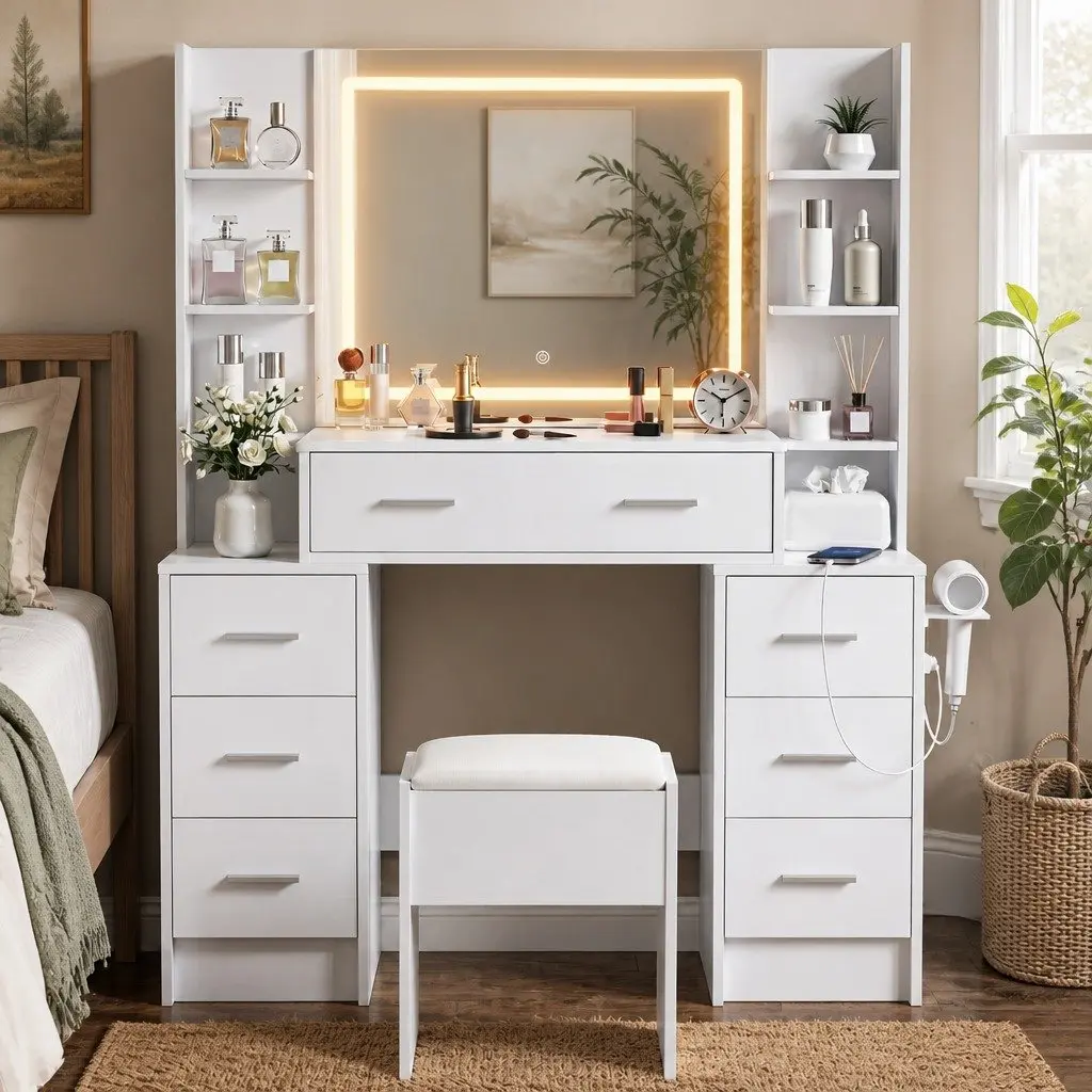 Dressing Table Vanity Desk Set White with LED Mirror Charging Station and Stool