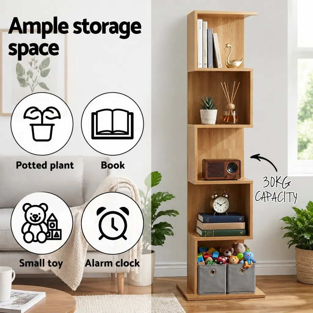 5 Tier S-Shaped Bookshelf Storage Display Shelving Unit Living Room Bookcase