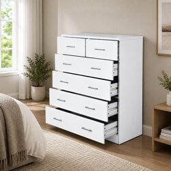 6-Drawer Tallboy Chest of Drawers White Bedroom Storage Cabinet with Metal