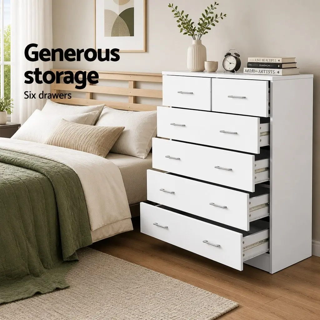 6-Drawer Tallboy Storage Cabinet White Bedroom with Metal Runners Melamine Finish