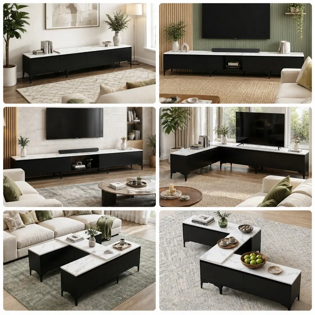 Extendable TV Cabinet Entertainment Unit Stand Adjustable Length 240-340cm Black