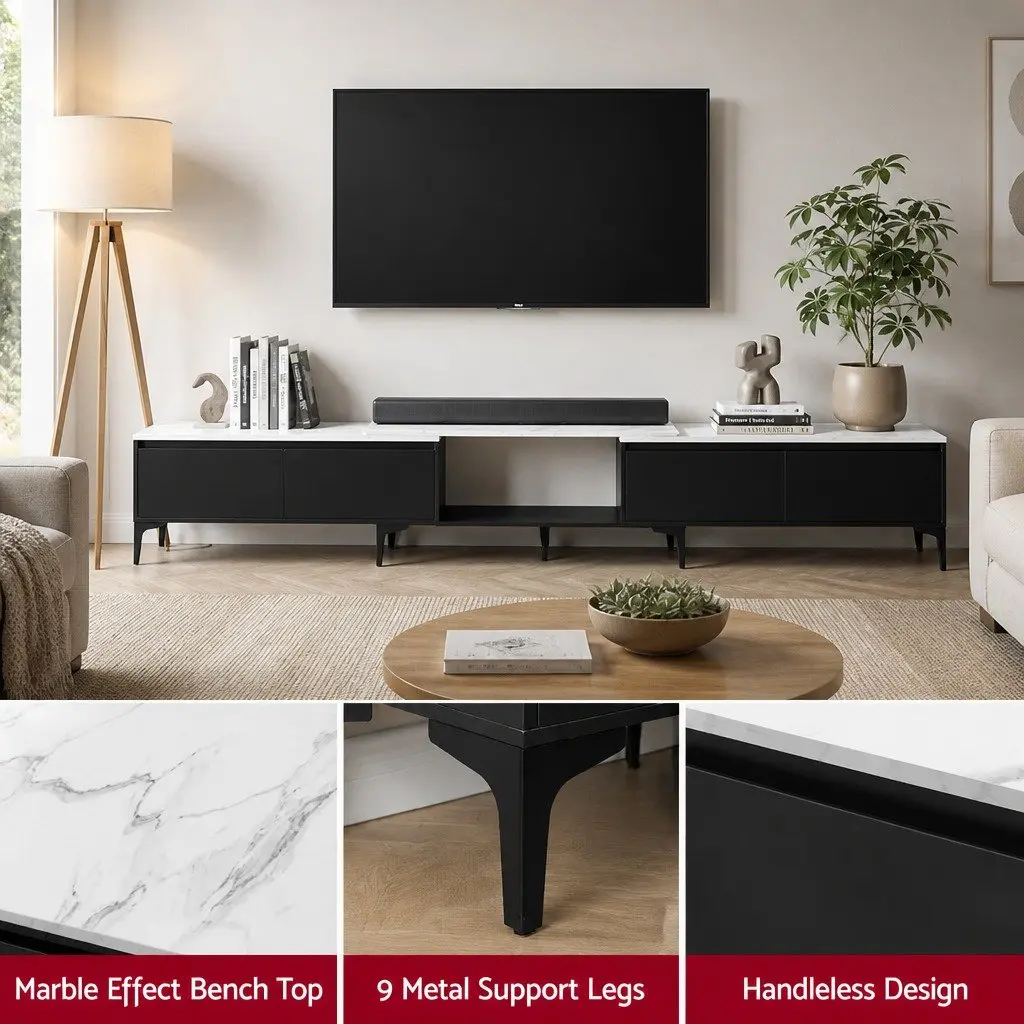 Extendable TV Cabinet Entertainment Unit Stand Adjustable Length 240-340cm Black