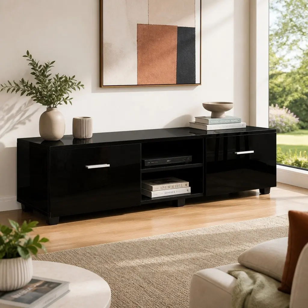 Entertainment Unit Black 140cm Storage with Two Drawers and Two Open Shelves
