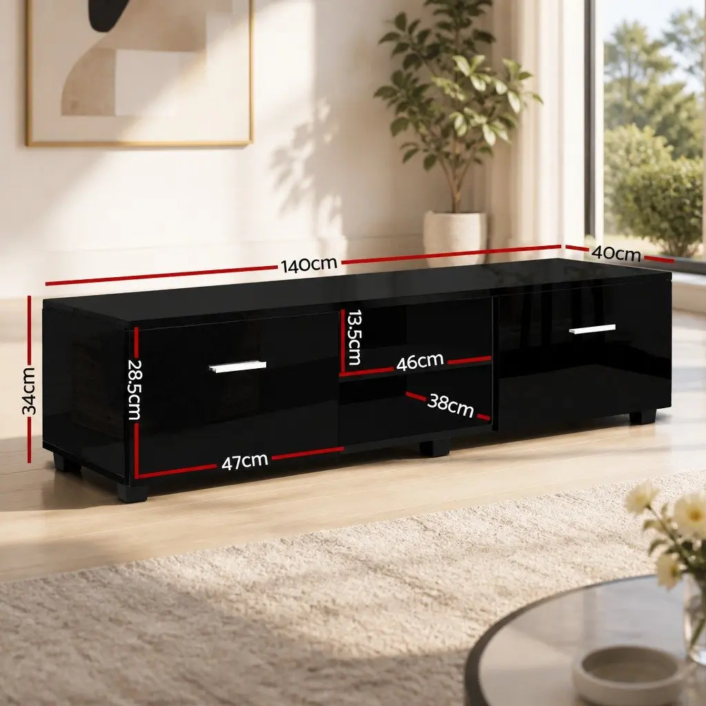 Entertainment Unit Black 140cm Storage with Two Drawers and Two Open Shelves