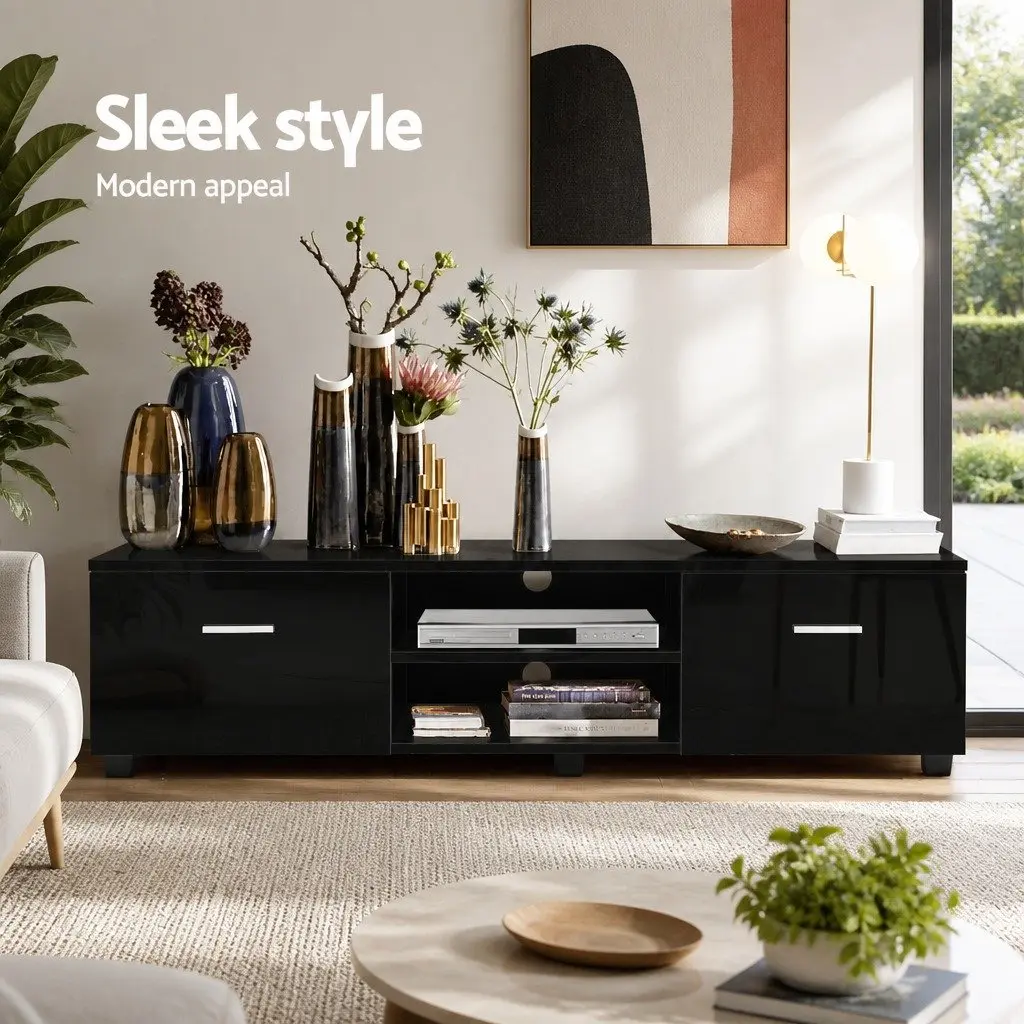 Entertainment Unit Black 140cm Storage with Two Drawers and Two Open Shelves