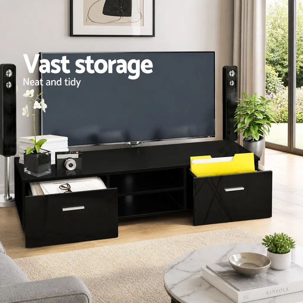 Entertainment Unit Black 140cm Storage with Two Drawers and Two Open Shelves