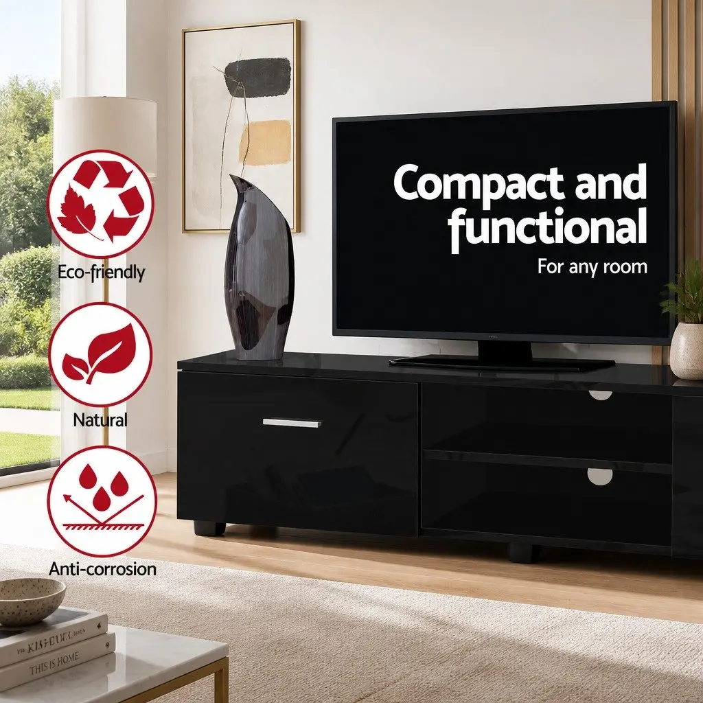 Entertainment Unit Black 140cm Storage with Two Drawers and Two Open Shelves