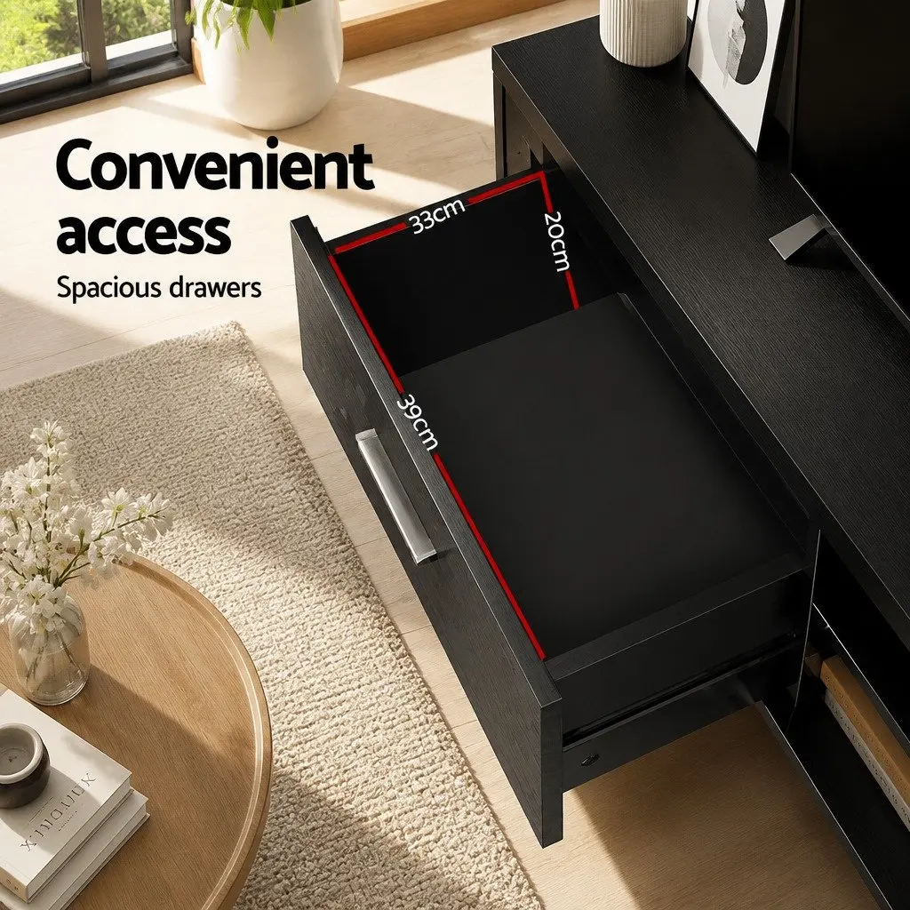 Entertainment Unit Black 140cm Storage with Two Drawers and Two Open Shelves