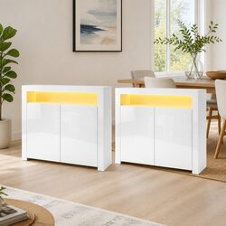 LED Sideboard Cabinet 2x High-Gloss White Storage Dining Buffet Cupboard Display
