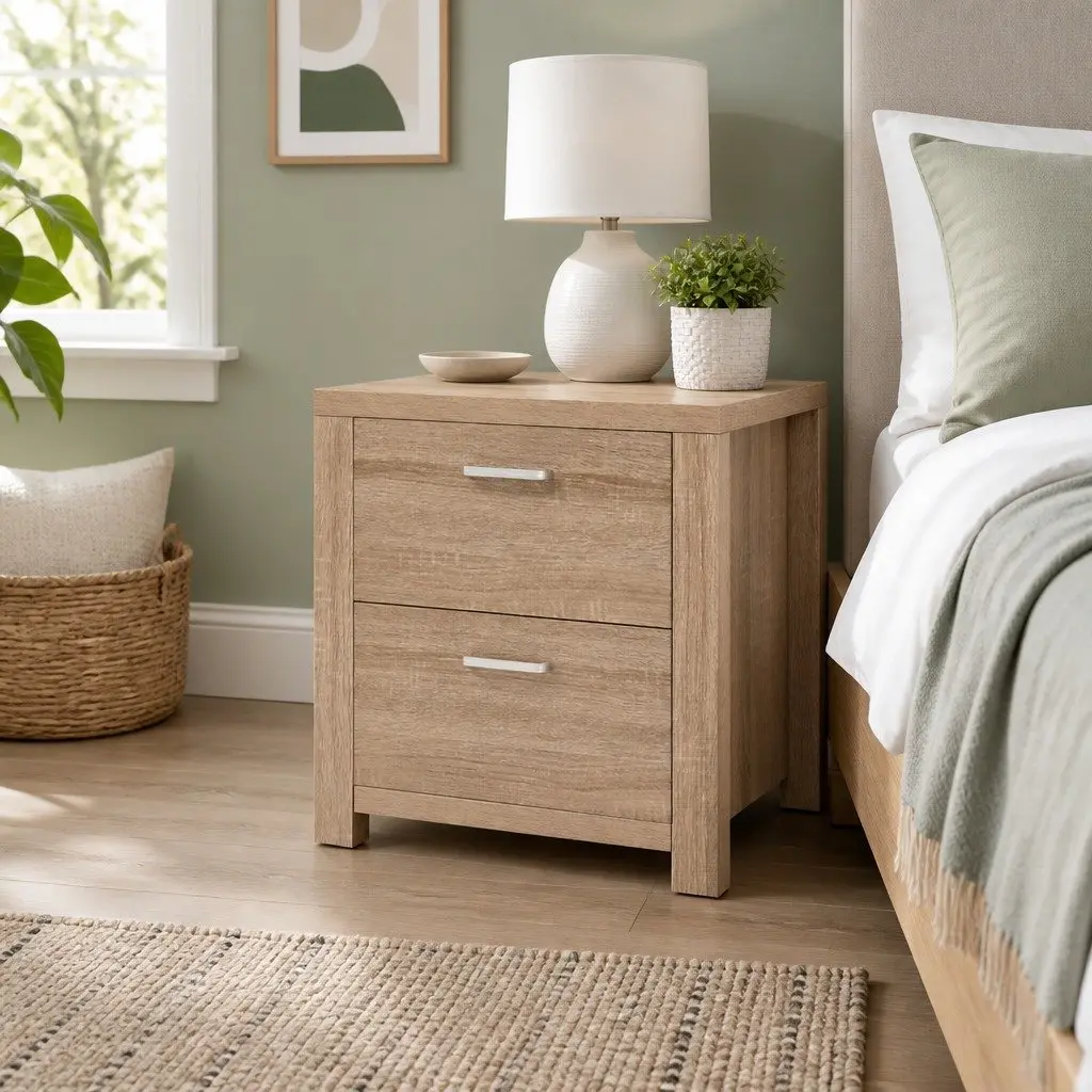 Bedside Table 2 Drawers Storage Bedroom Nightstand Side Table Natural Wood