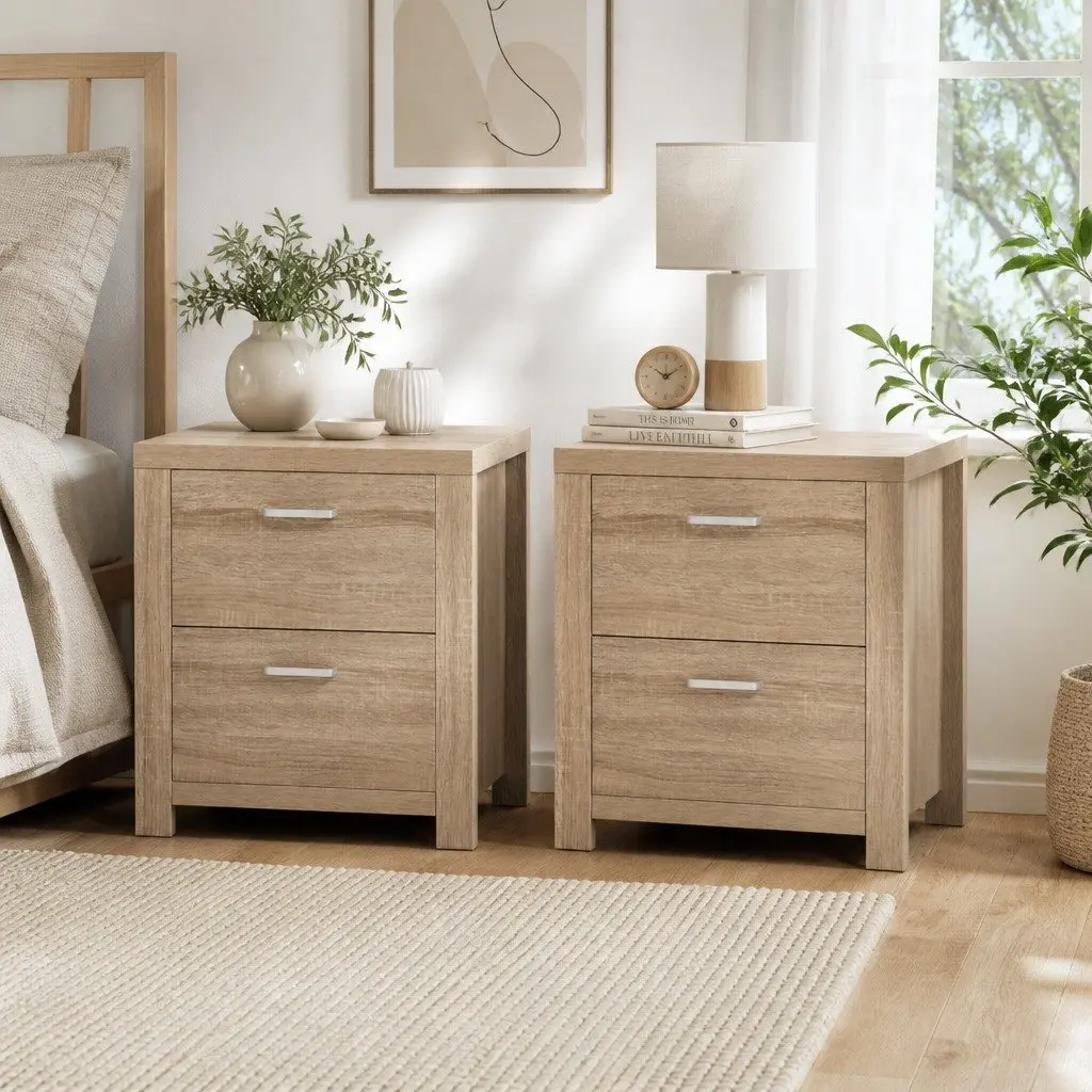 Bedside Table Pine 48cm x 39cm x 53cm 2 Drawers Natural Wood Storage Nightstand