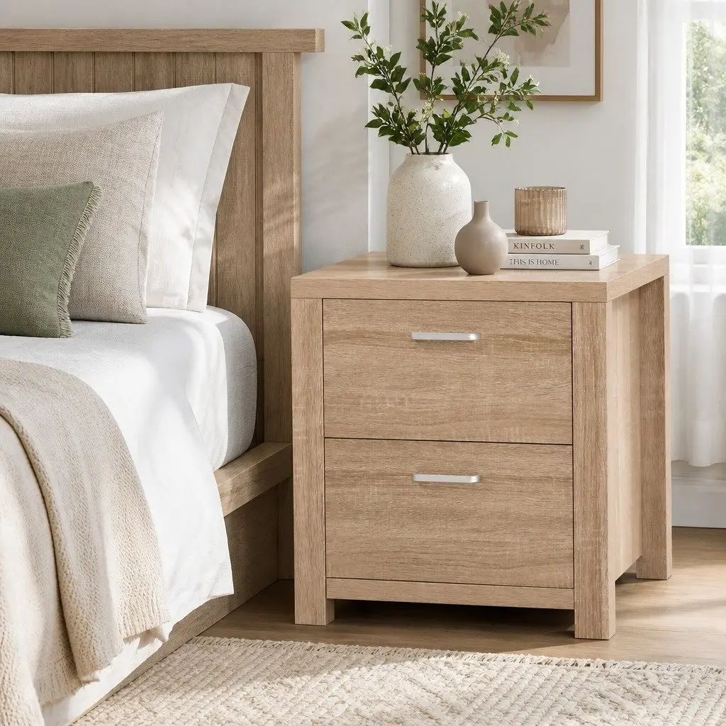 Bedside Table Pine 48cm x 39cm x 53cm 2 Drawers Natural Wood Storage Nightstand