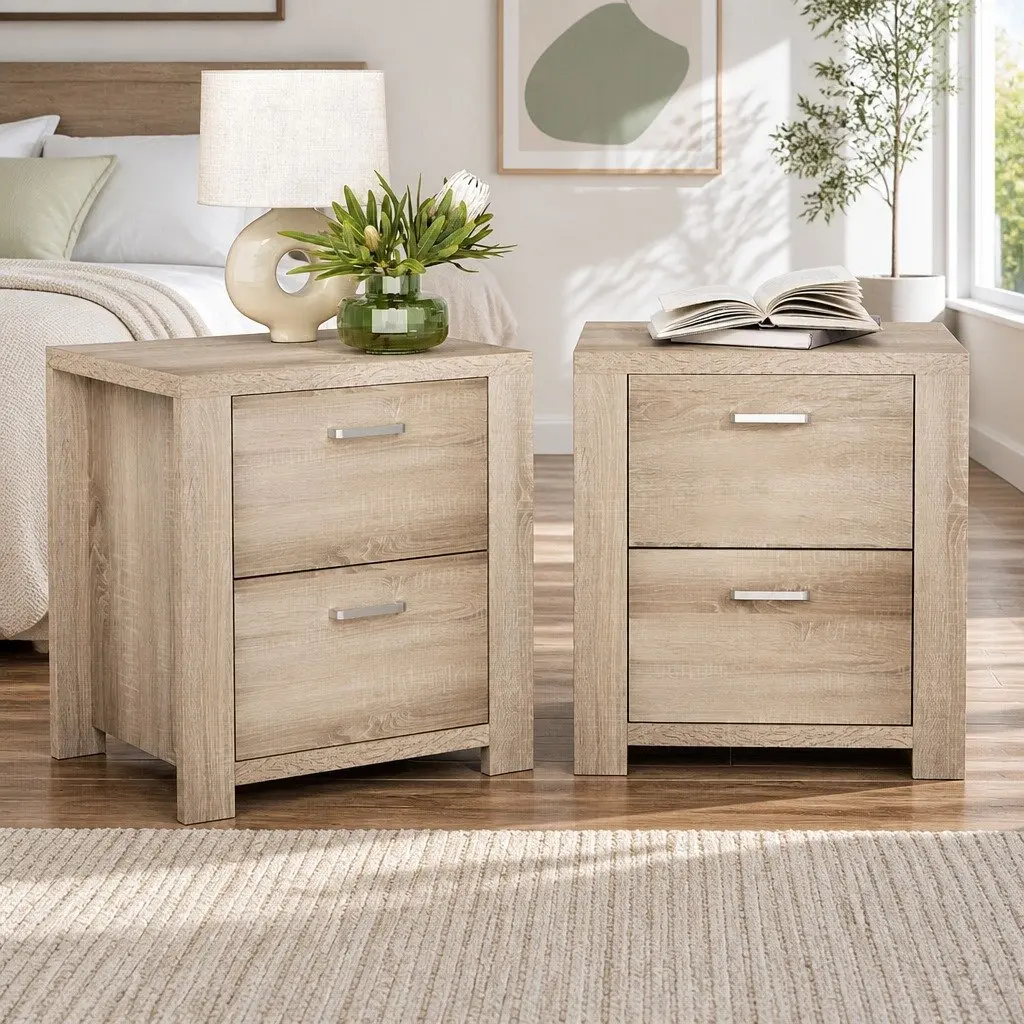 Bedside Table Pine 48cm x 39cm x 53cm 2 Drawers Natural Wood Storage Nightstand