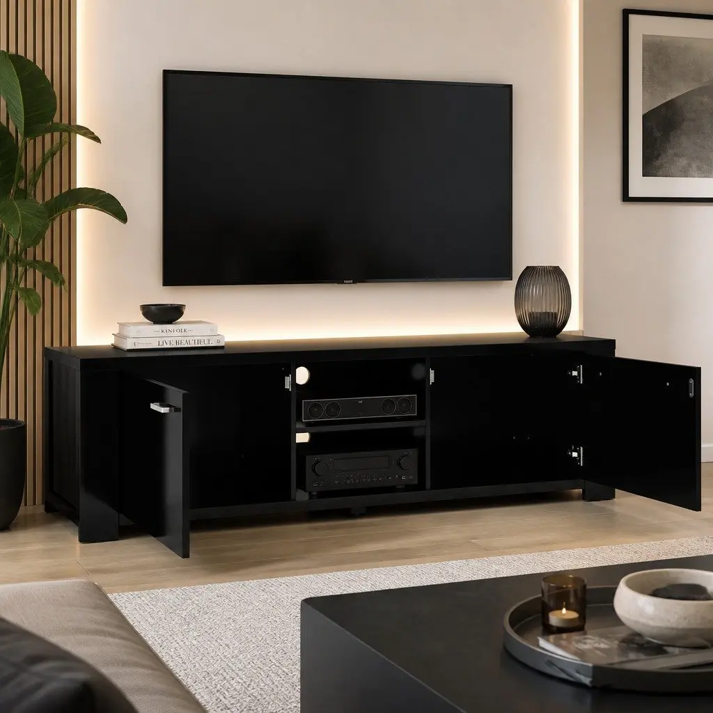 Black TV Cabinet Entertainment Unit 160cm Living Room Storage Shelves Doors