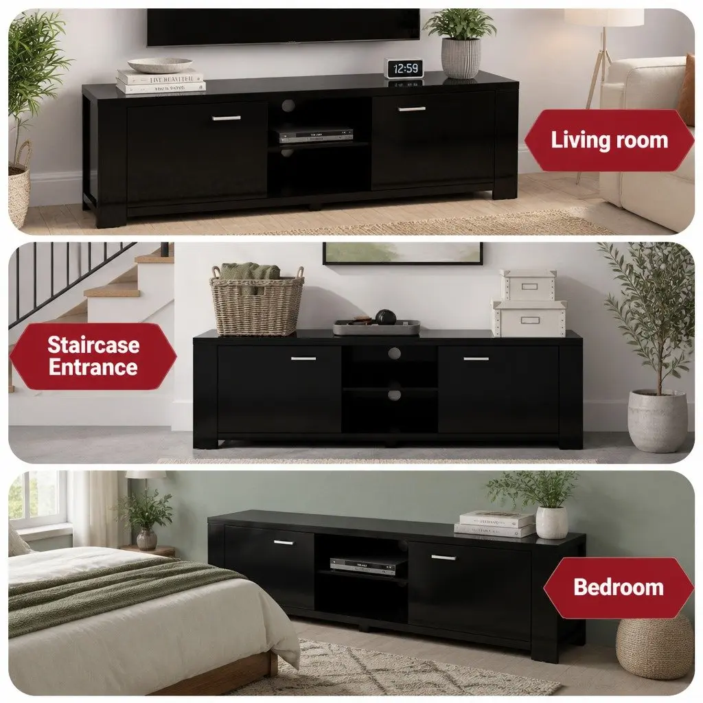 Black TV Cabinet Entertainment Unit 160cm Living Room Storage Shelves Doors