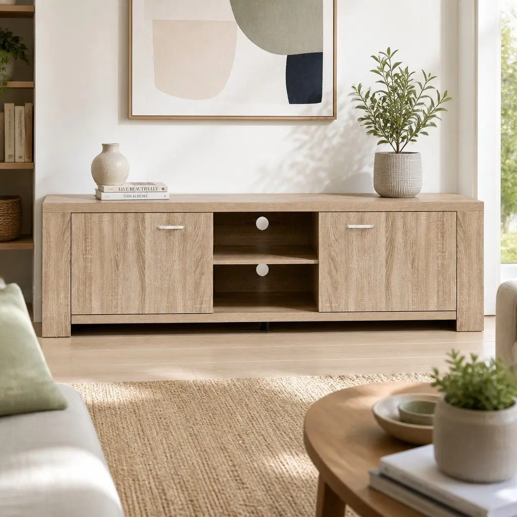 TV Unit Oak 160cm Storage Cabinet with Open Shelves