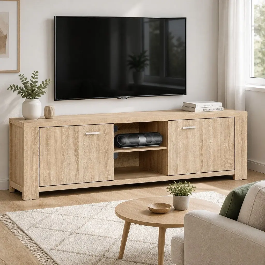 TV Unit Oak 160cm Storage Cabinet with Open Shelves