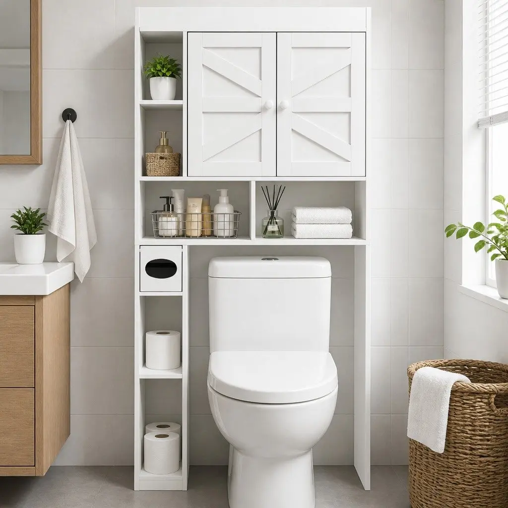 Over The Toilet Storage Cabinet Bathroom Organiser Shelf With Barn Door White