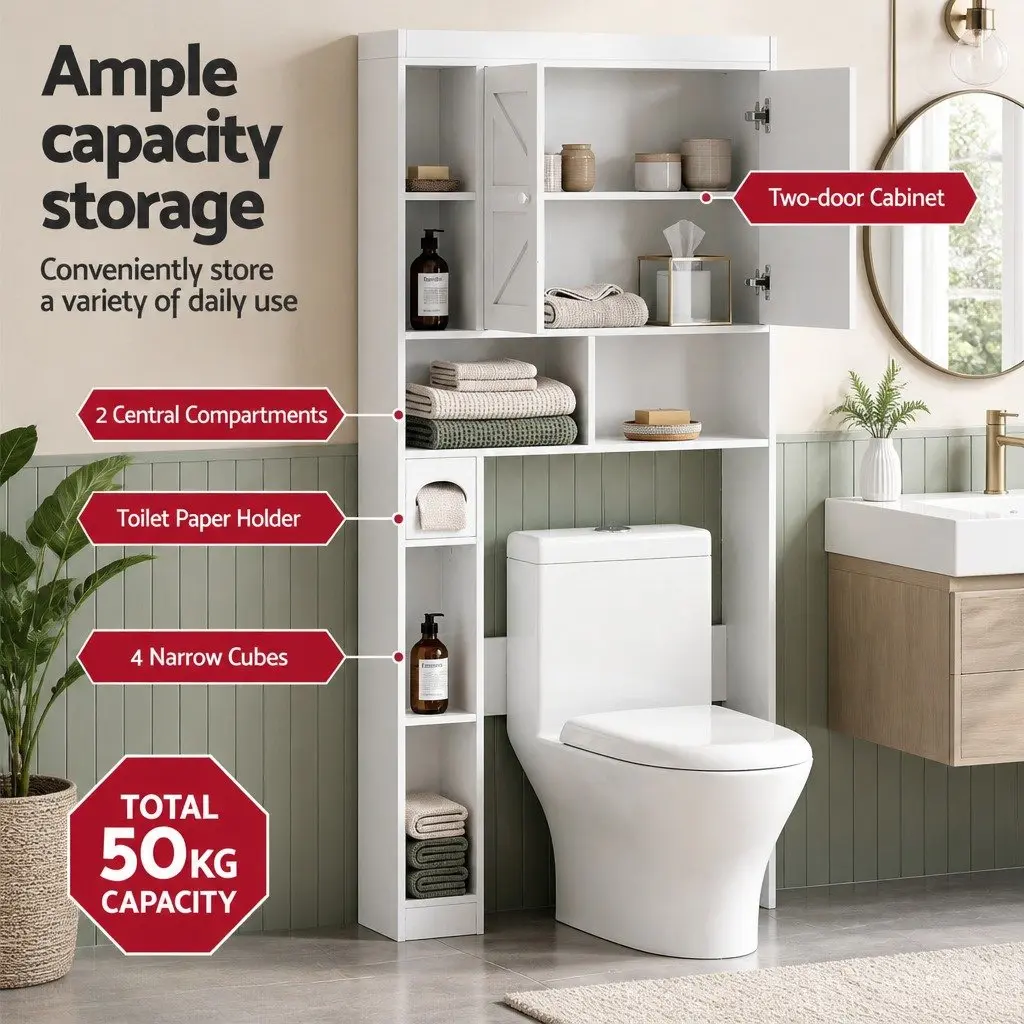 Over The Toilet Storage Cabinet Bathroom Organiser Shelf With Barn Door White