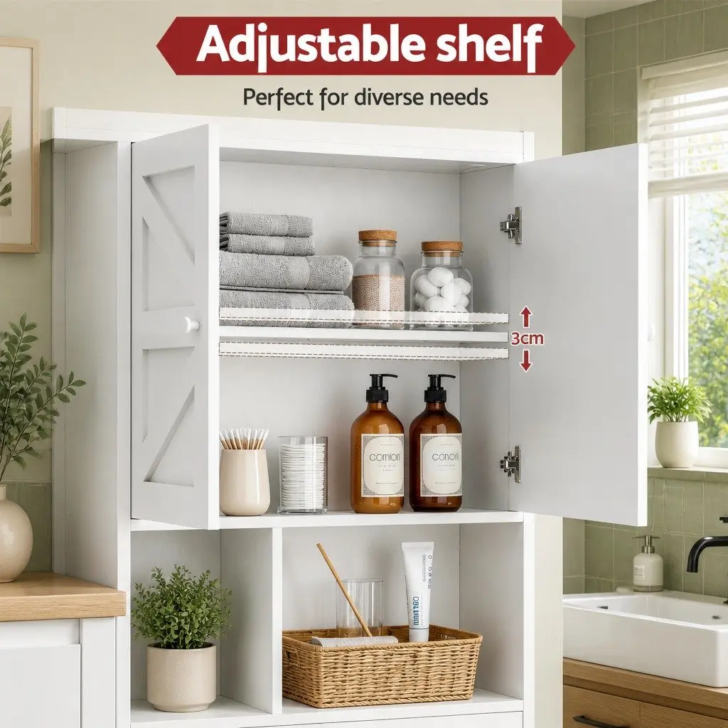 Over The Toilet Storage Cabinet Bathroom Organiser Shelf With Barn Door White