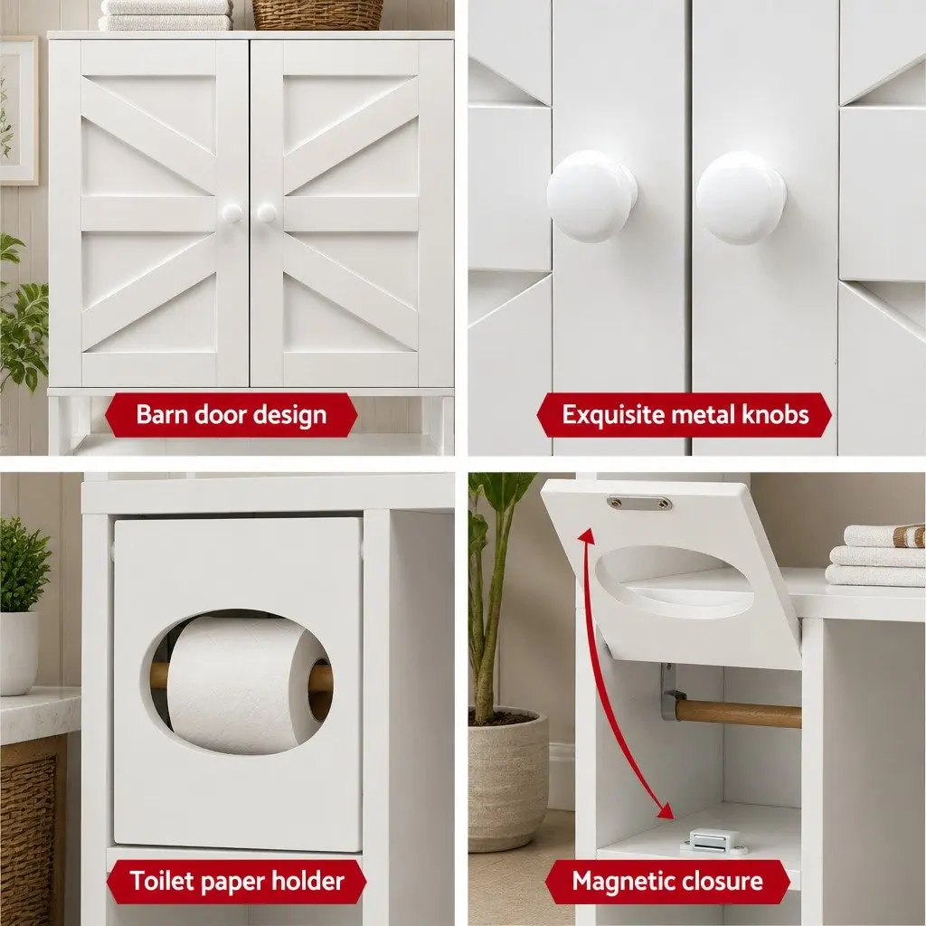Over The Toilet Storage Cabinet Bathroom Organiser Shelf With Barn Door White