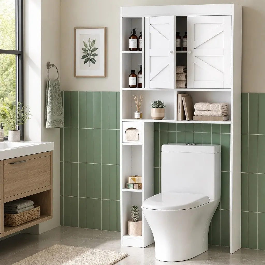Over The Toilet Storage Cabinet Bathroom Organiser Shelf With Barn Door White