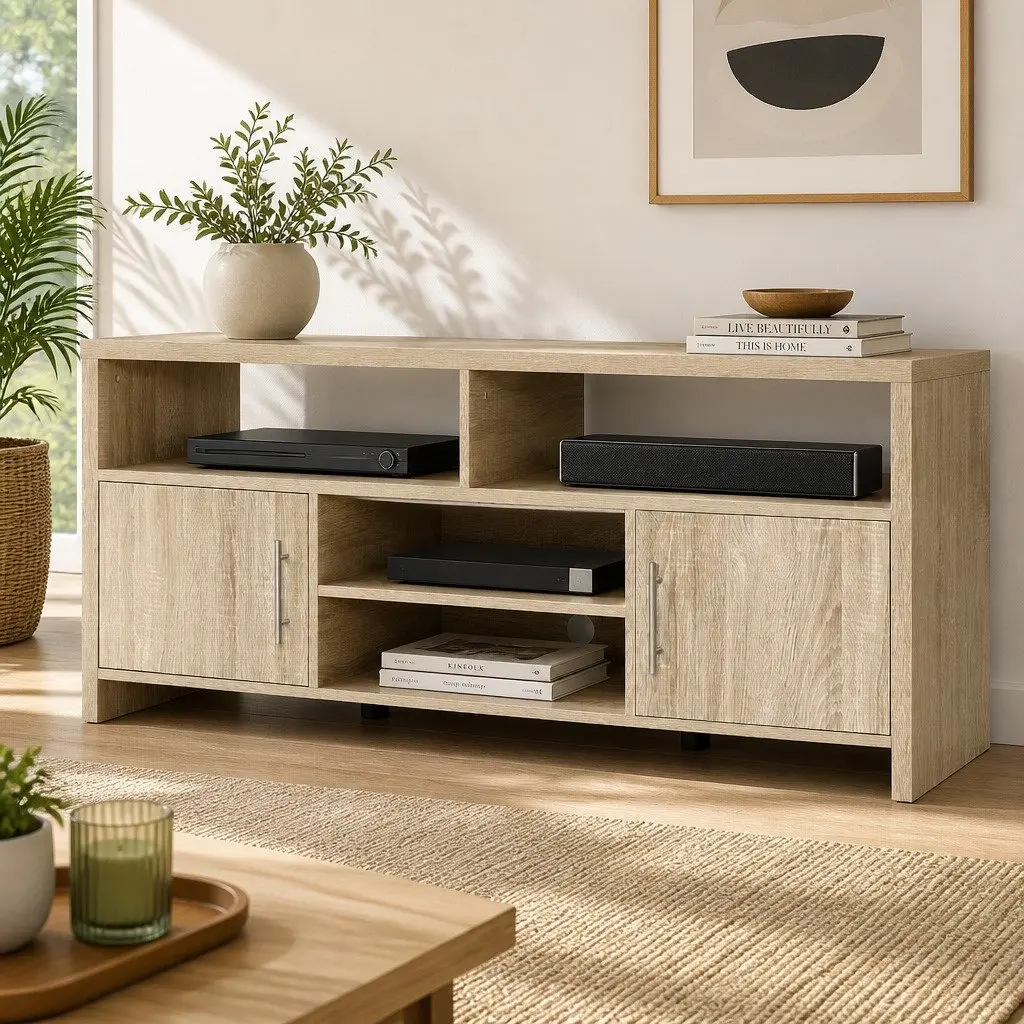 TV Unit Oak 140cm Modern Entertainment Cabinet with Four Open Shelves and Two Deep Cabinets