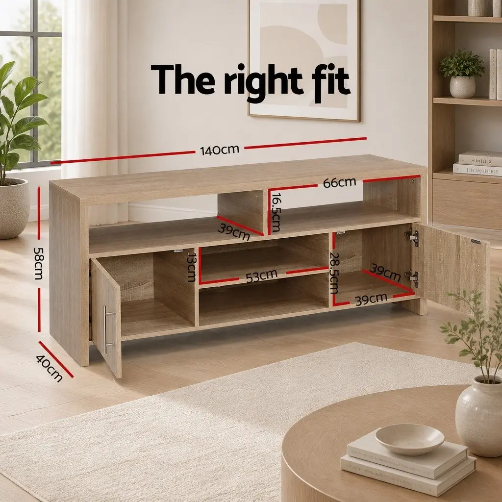 TV Unit Oak 140cm Modern Entertainment Cabinet with Four Open Shelves and Two Deep Cabinets