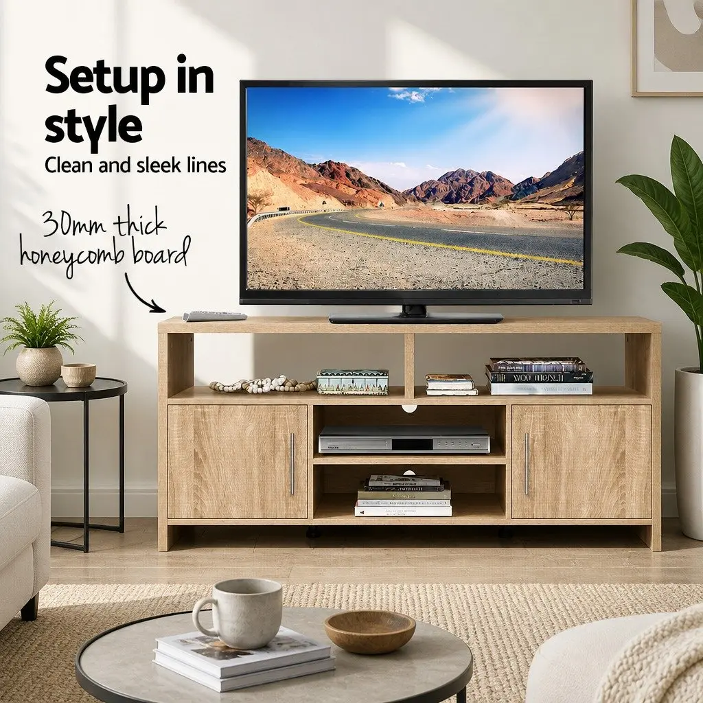TV Unit Oak 140cm Modern Entertainment Cabinet with Four Open Shelves and Two Deep Cabinets