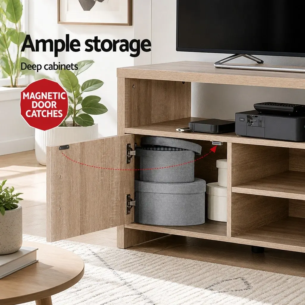 TV Unit Oak 140cm Modern Entertainment Cabinet with Four Open Shelves and Two Deep Cabinets