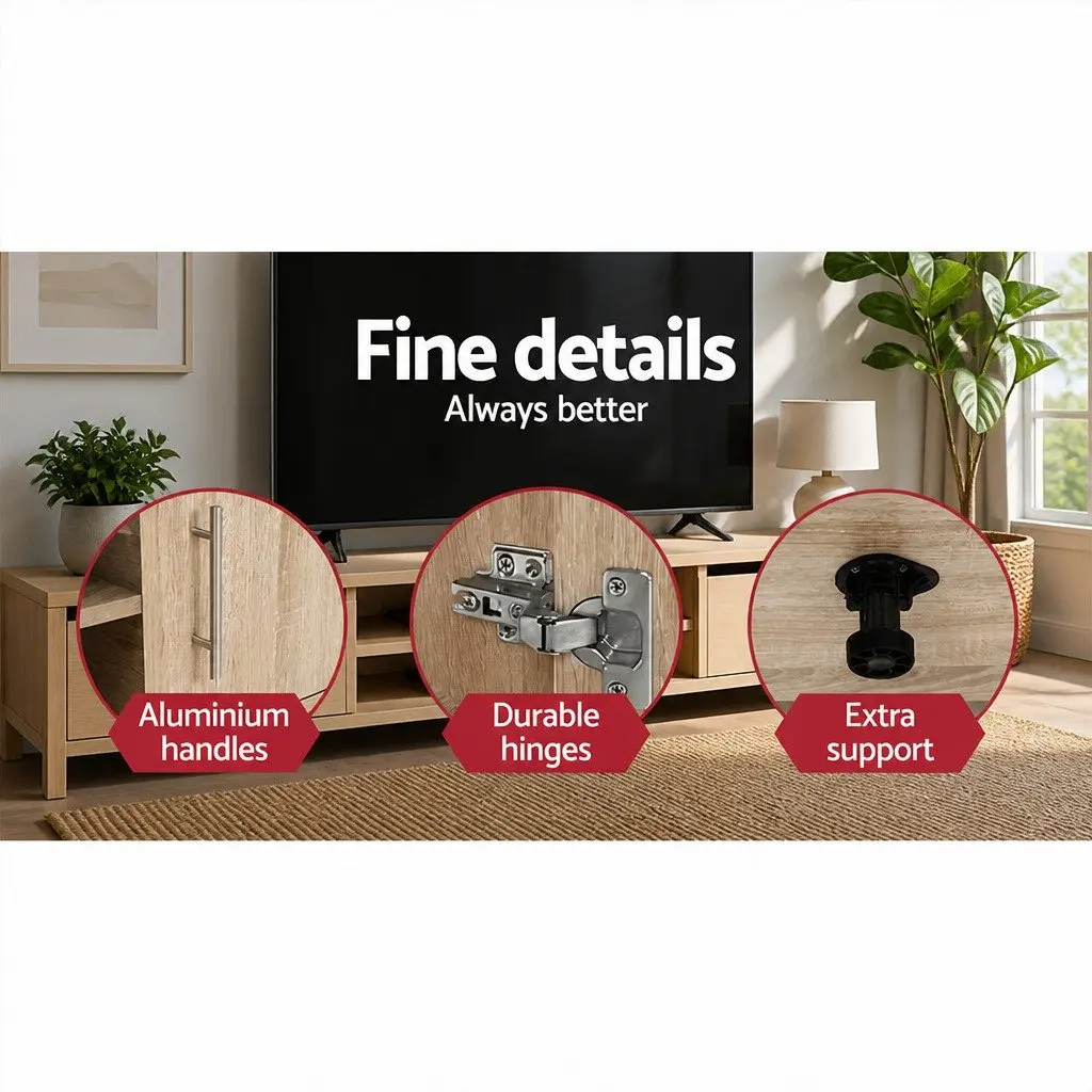TV Unit Oak 140cm Modern Entertainment Cabinet with Four Open Shelves and Two Deep Cabinets