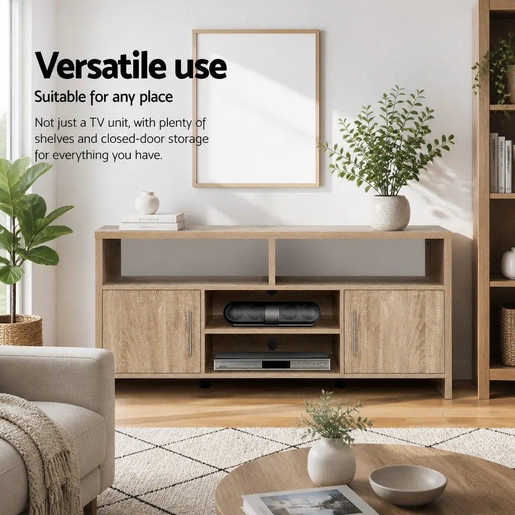 TV Unit Oak 140cm Modern Entertainment Cabinet with Four Open Shelves and Two Deep Cabinets